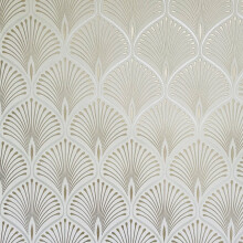 Layla Art Deco Wallpaper White GranDeco GV3101 - Metallic Silver & Gold Fan Motif, Textured Paste-the-Wall, 10.05m x 53cm, 16cm pattern repeat