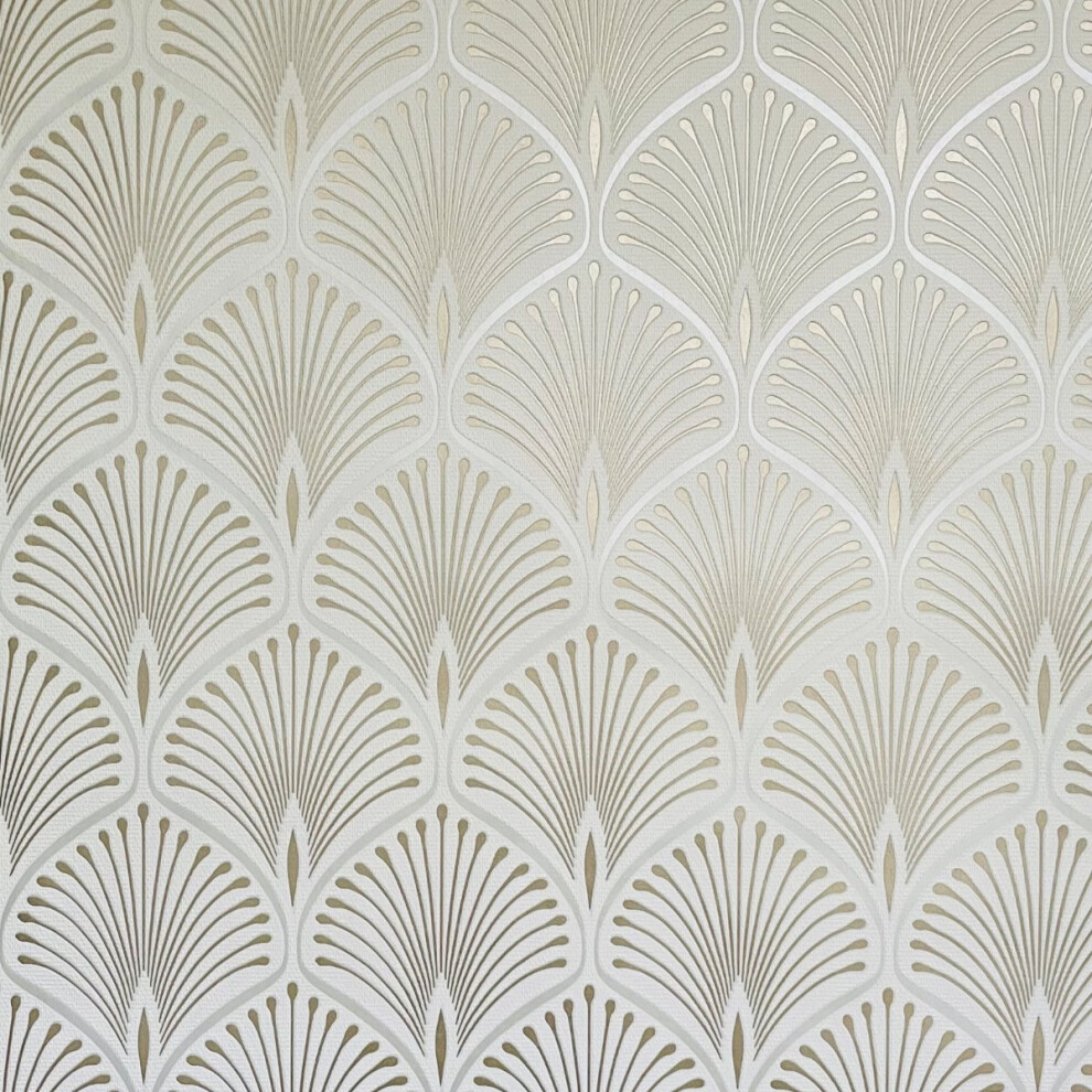 Layla Art Deco Wallpaper White Grandeco Gv3101 - Metallic Silver & Gold Fan Motif, Textured Paste-The-Wall, 10.05M X 53Cm, 16Cm Pattern Repeat