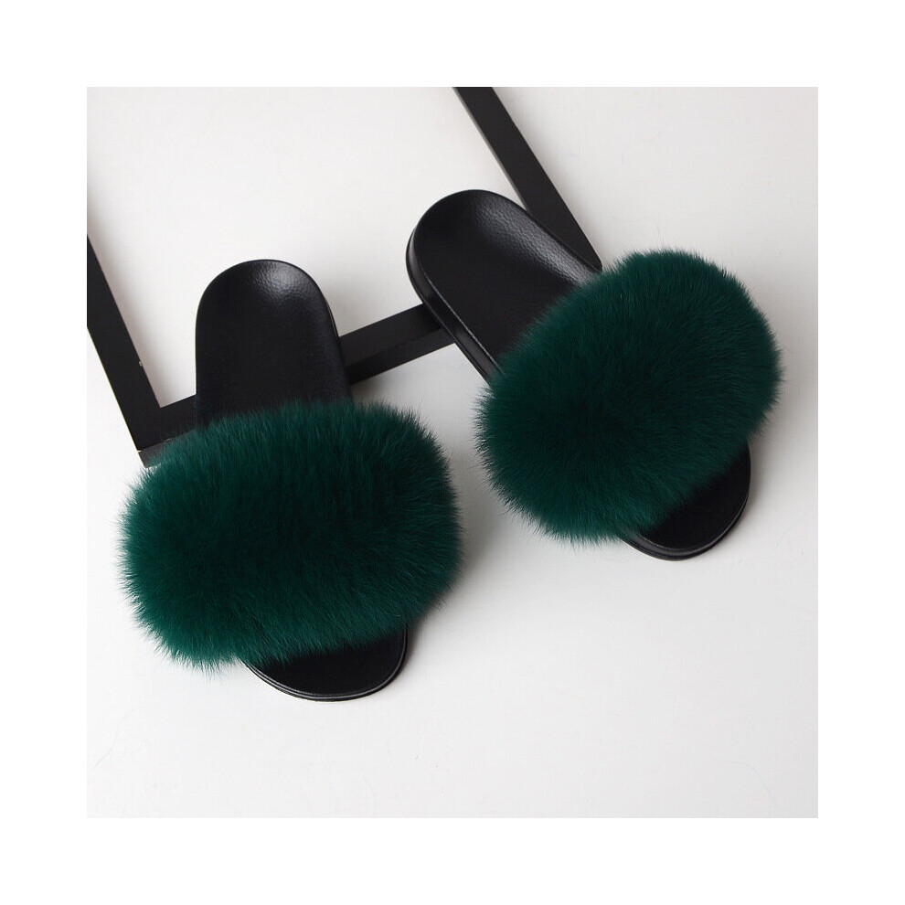 (Dark Green, US 8.5=UK 7=EU 42-43) Women's Girls' Fur Slides Fuzzy Furry Slippers Comfort Slider Sandals Shoes