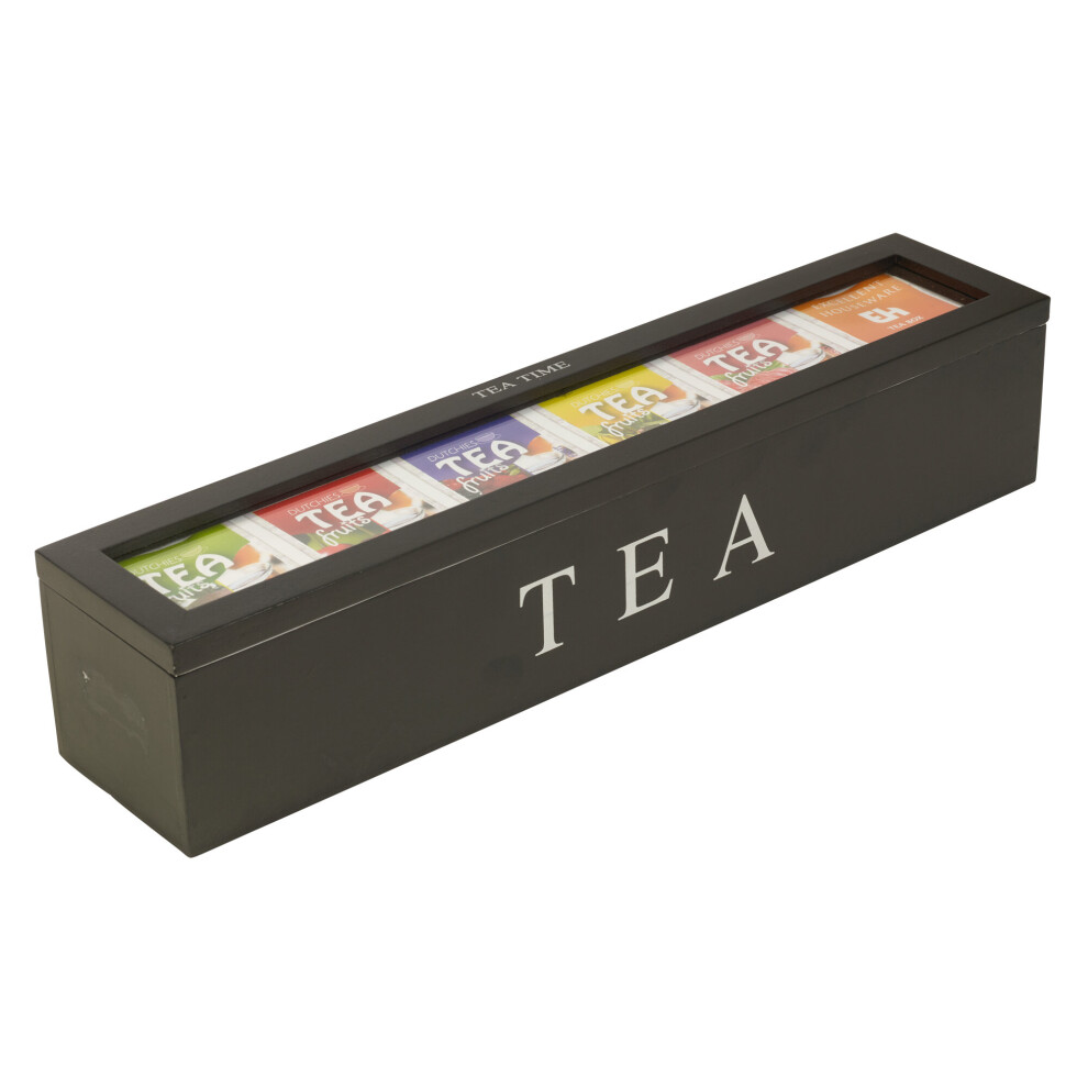 (Black) Wooden Tea Box | With 6 Compartments Glass