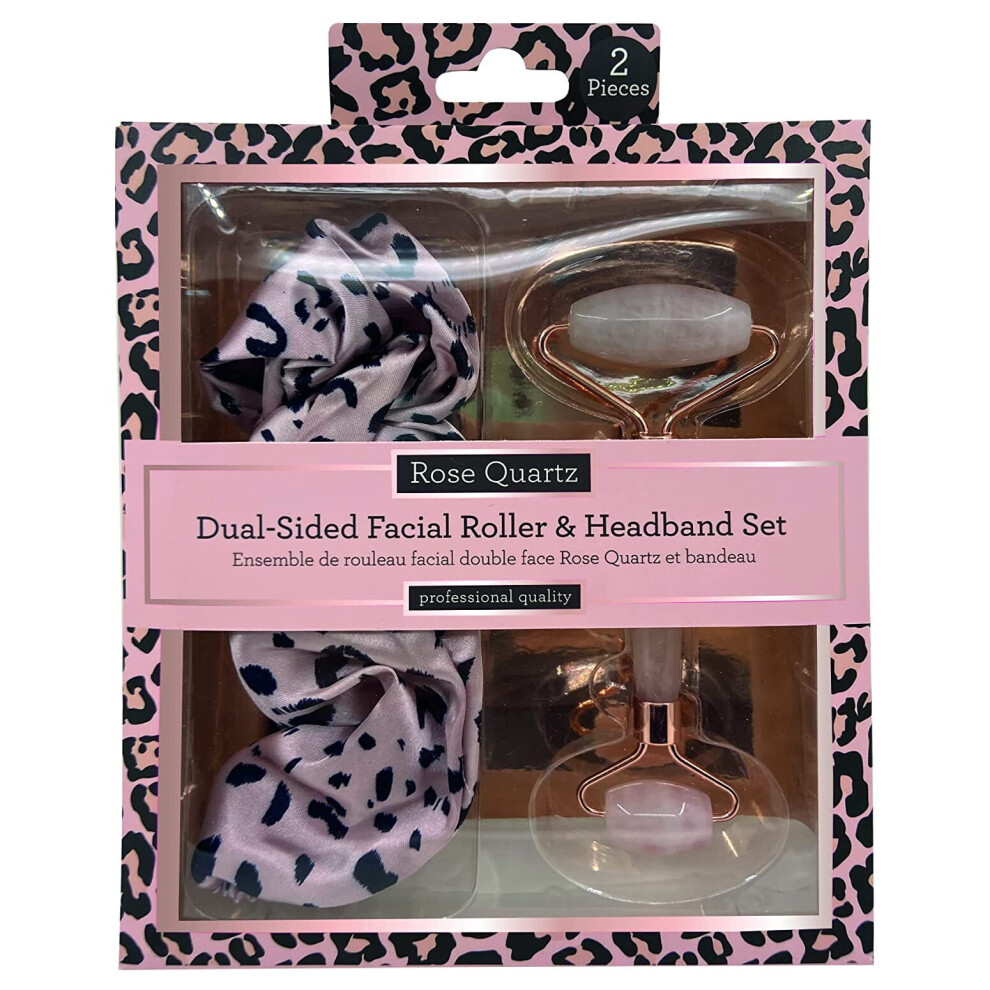 Danielle Creations Dual Sided Rose Quartz Facial Roller & Animal Print Headband
