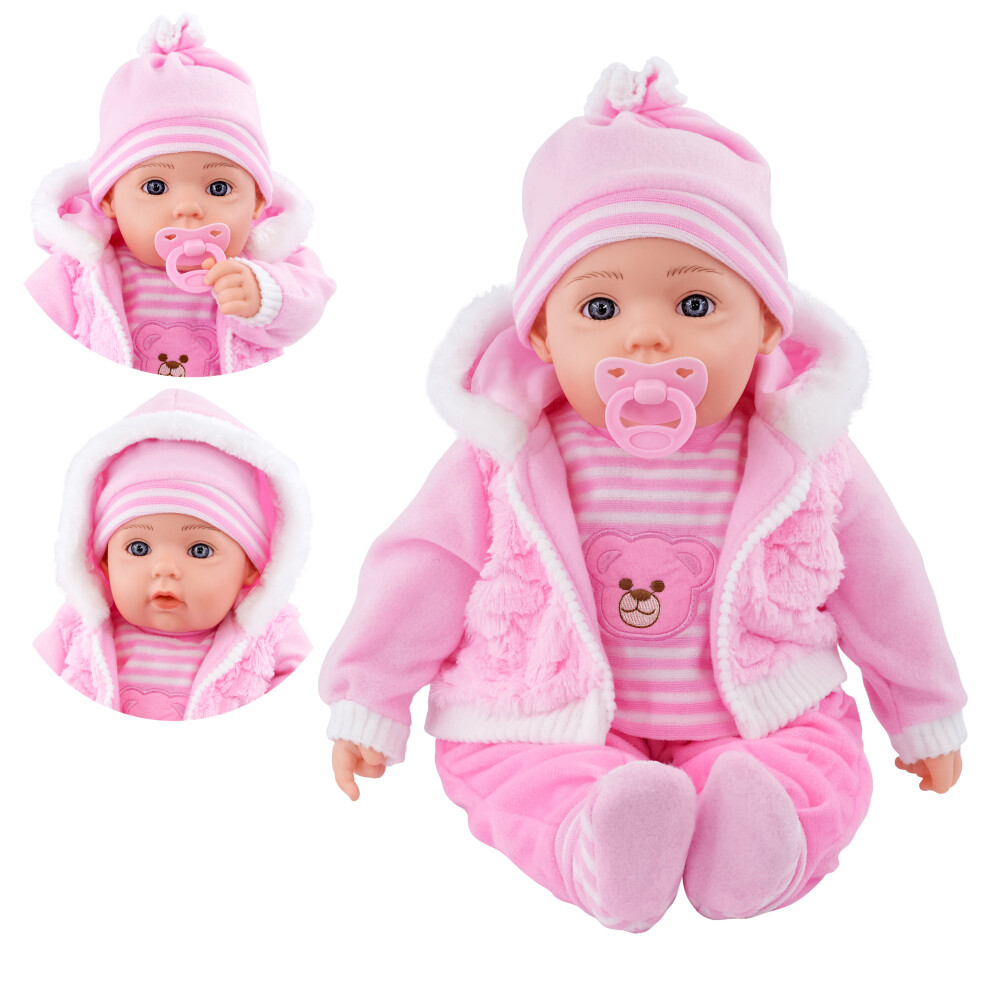 (Baby Pink Coat) The Magic Toy Shop 20" Lifelike Soft Baby Doll With Dummy & 12 Sounds