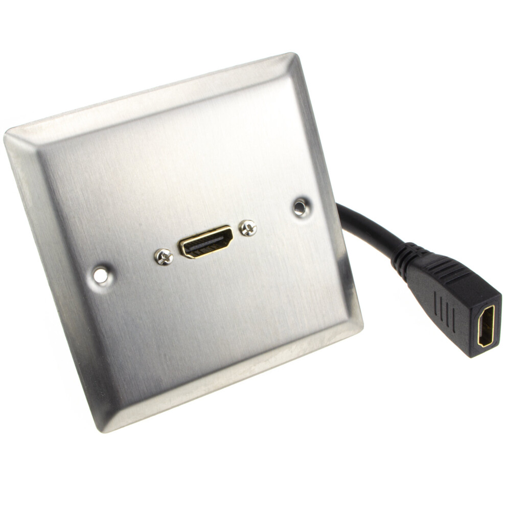 HDMI 2.0 4K Single Wall Plate Faceplate Socket with Pigtail   Brushed Steel
