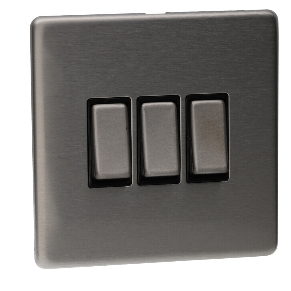 kenable 3 Gang 2 Way 10A Light Switch Screwless Plate with Brushed Chrome Finish