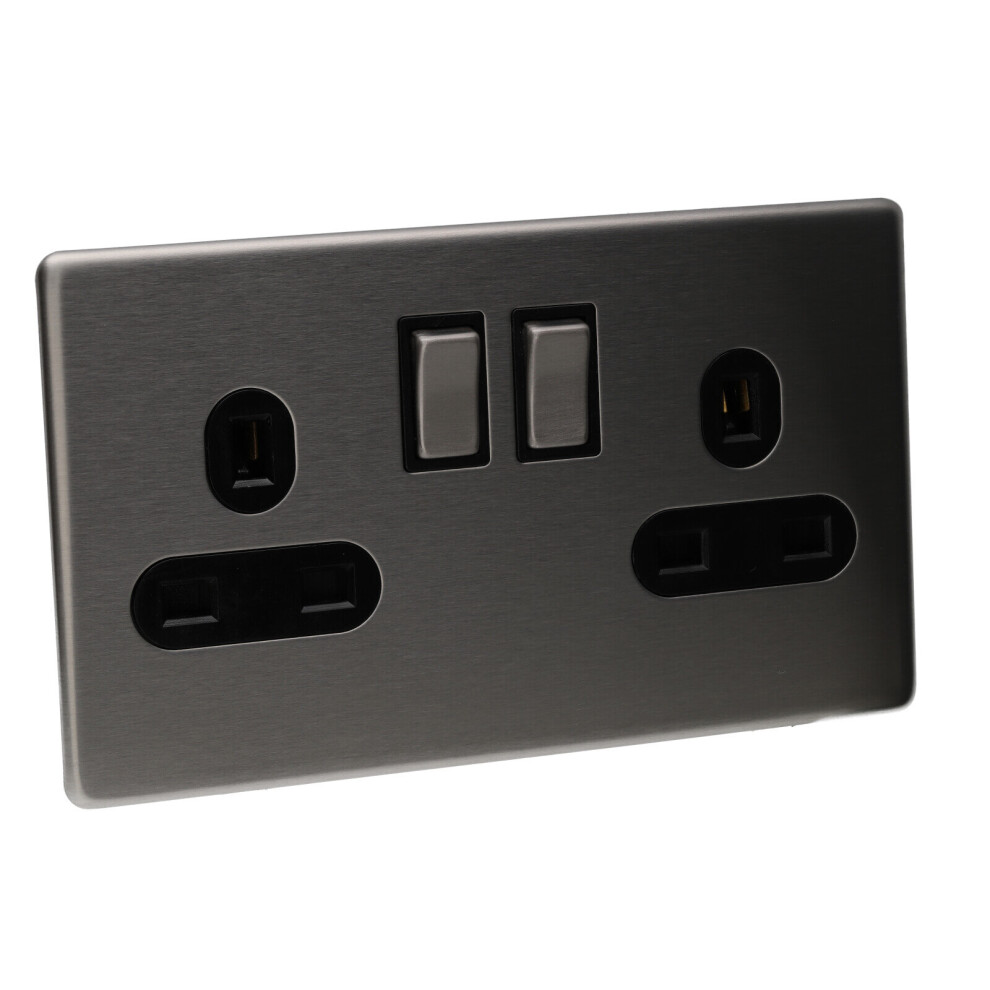 kenable 2 Gang 13A Switched Screwless UK Mains Power Plate with Brushed Chrome Finish