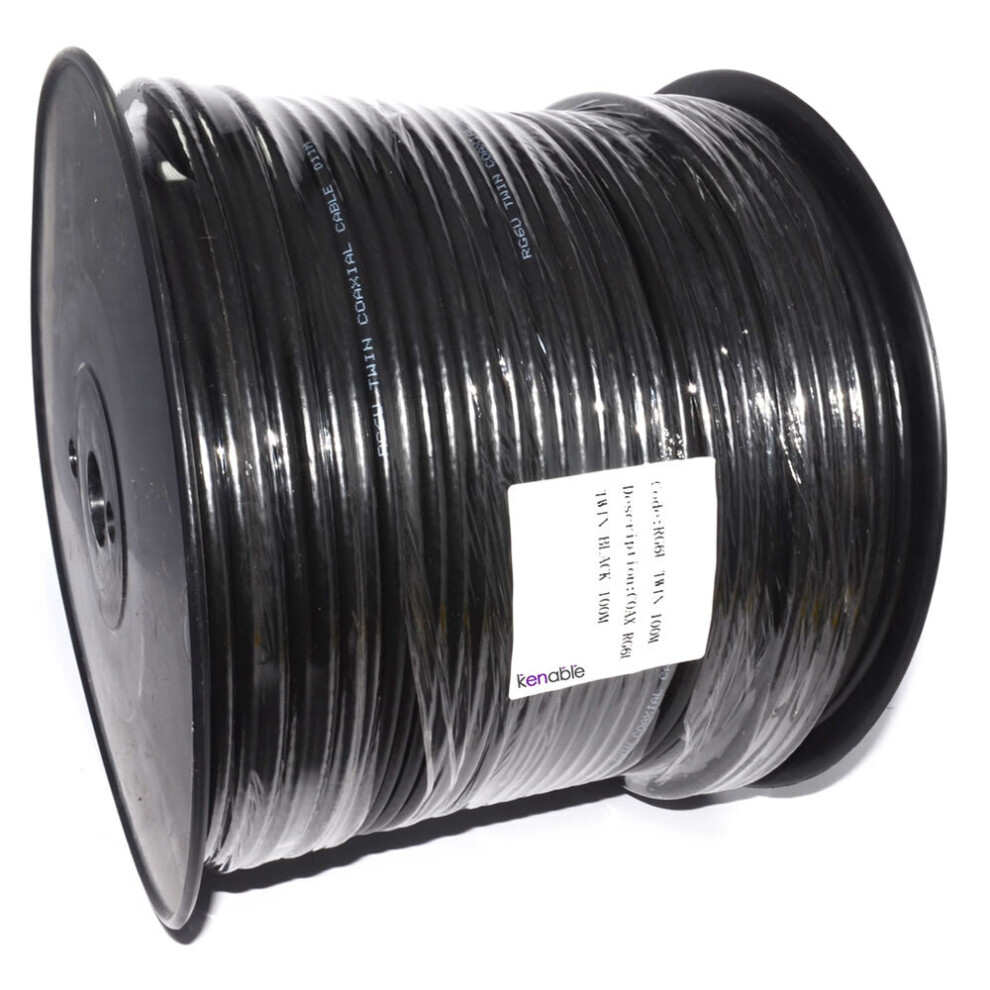 kenable Twin RG6U Coaxial Satellite Freeview Virgin Cable 100m Reel Black