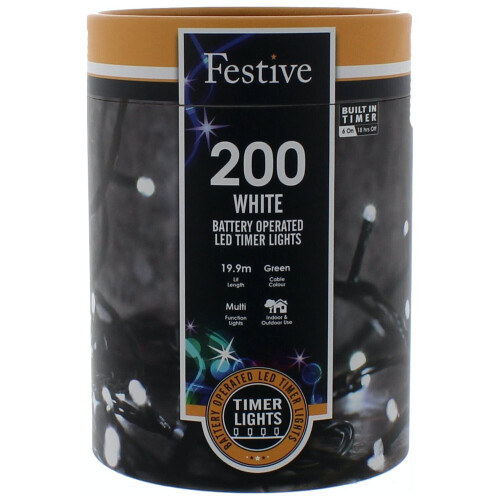 200 LED String Lights : Battery/Timer : Bright White