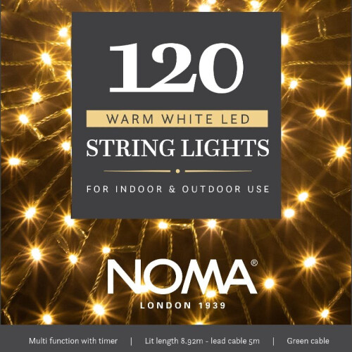 Noma 120 LED Christmas Tree Lights : Green Cable : Plug-in with Timer : Warm White