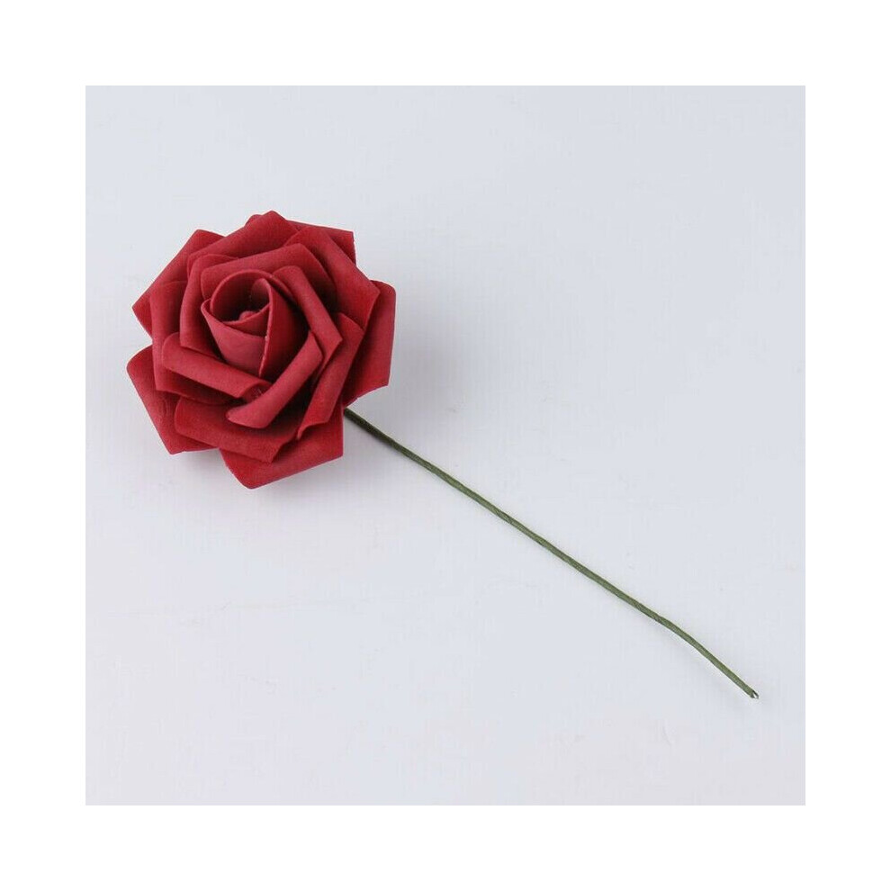(Red Wine, 50pcs) 50pcs Artificial Flowers Foam Rose Fake Flower With Stem Wedding Party Bouquet
