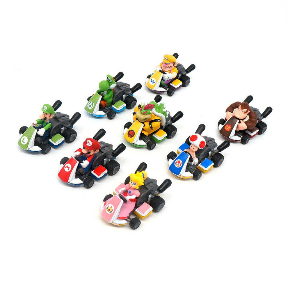 8 PCS Super Mario Kart Pull Back Car Luigi Toad Bowser Princess Figure Kids Toys