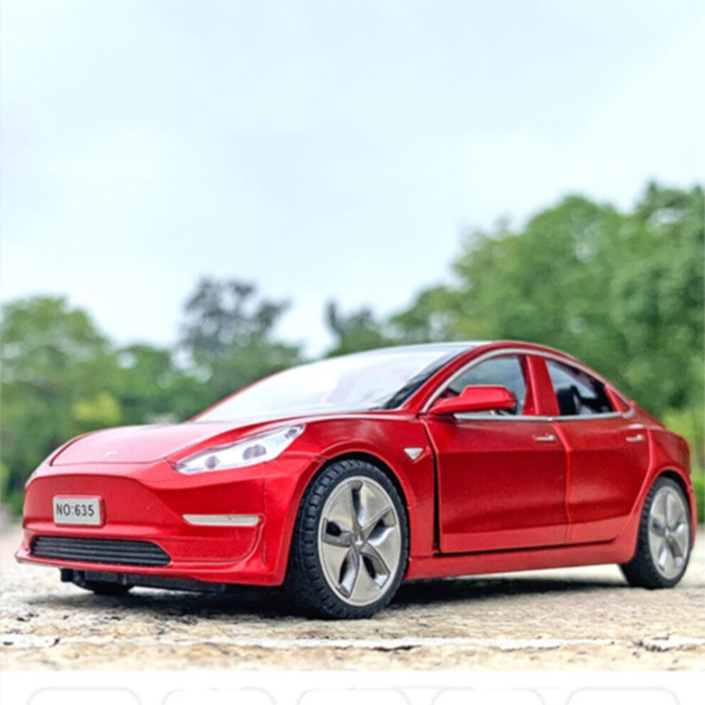 (Red) Tesla Model 3 Diecast Model Car Sound&Light Pull Back Cars Toy Xmas Boy Gift UK