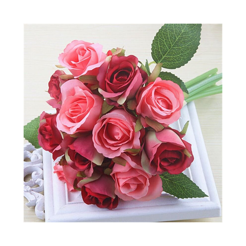 (Rose Red) 12Head Artificial Flowers Rose Silk Fake Floral Bridal Wedding Bouquet Party