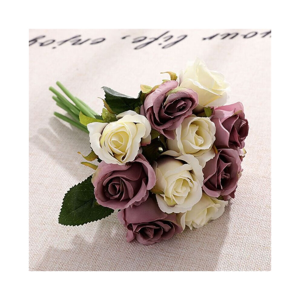 (Ivory and Purple) 12Head Artificial Flowers Rose Silk Fake Floral Bridal Wedding Bouquet Party