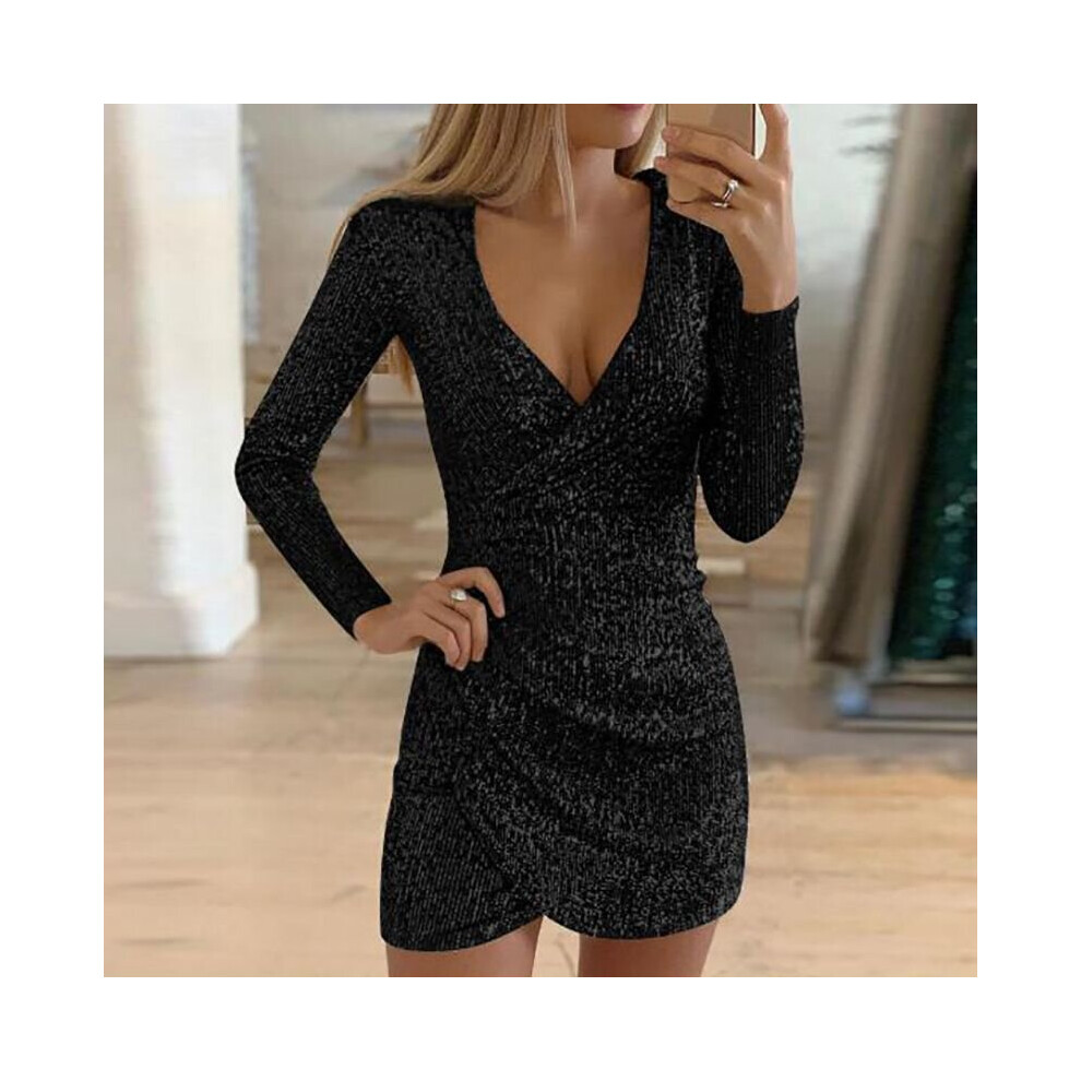 (Black, XL) Women Sequin Christmas Bodycon Dress Ladies Evening Party Ball Gown Mini Dresses