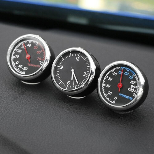 (Thermometer) Car Interior Mini Quartz Watch Clock Hygrometer Thermometer Dashboard Ornament 1