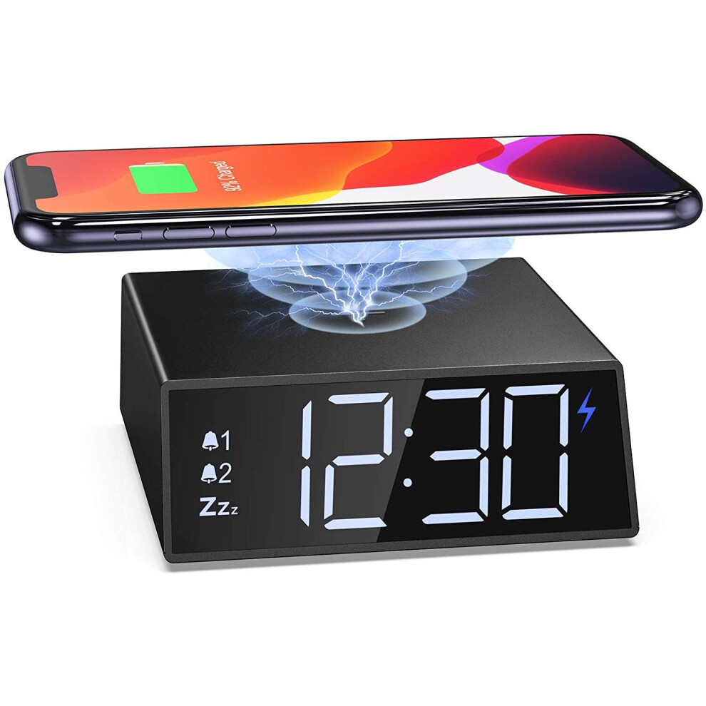 Alarm Clock with 10W Wireless Charging for Bedroom, Digital Alarm Clock Large LED Display, 0-100% Dimmable Brightness, D