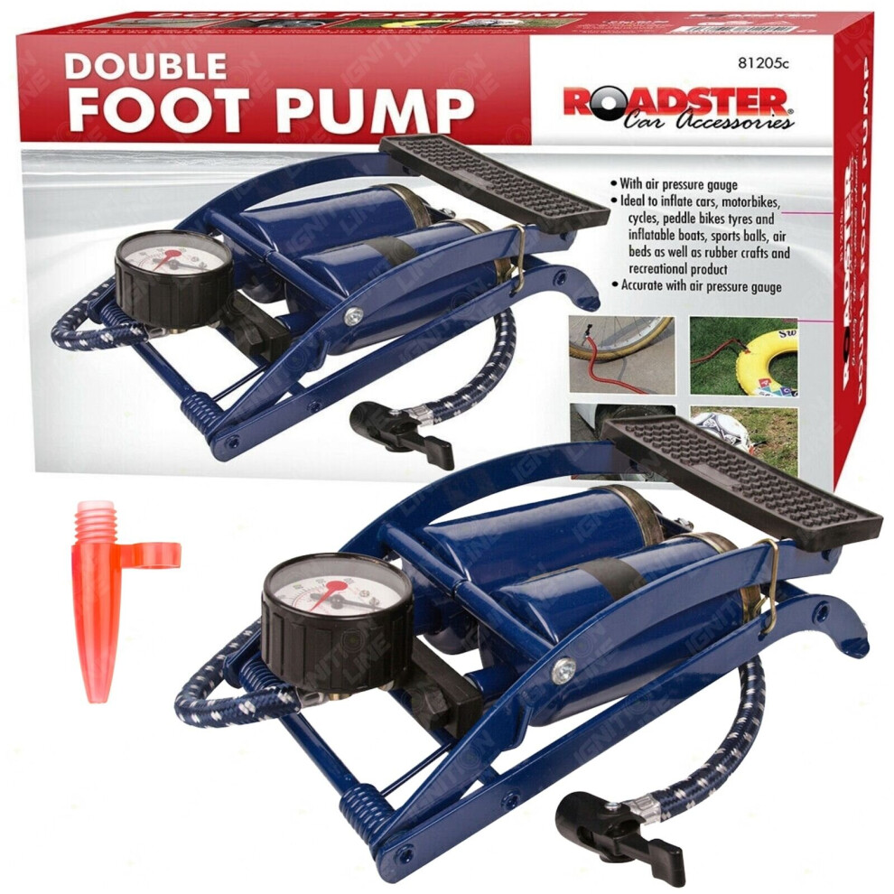 Double Barrel Cylinder Foot Pump Air Inflator Car Bike Motorbike Tyre 5038673812052