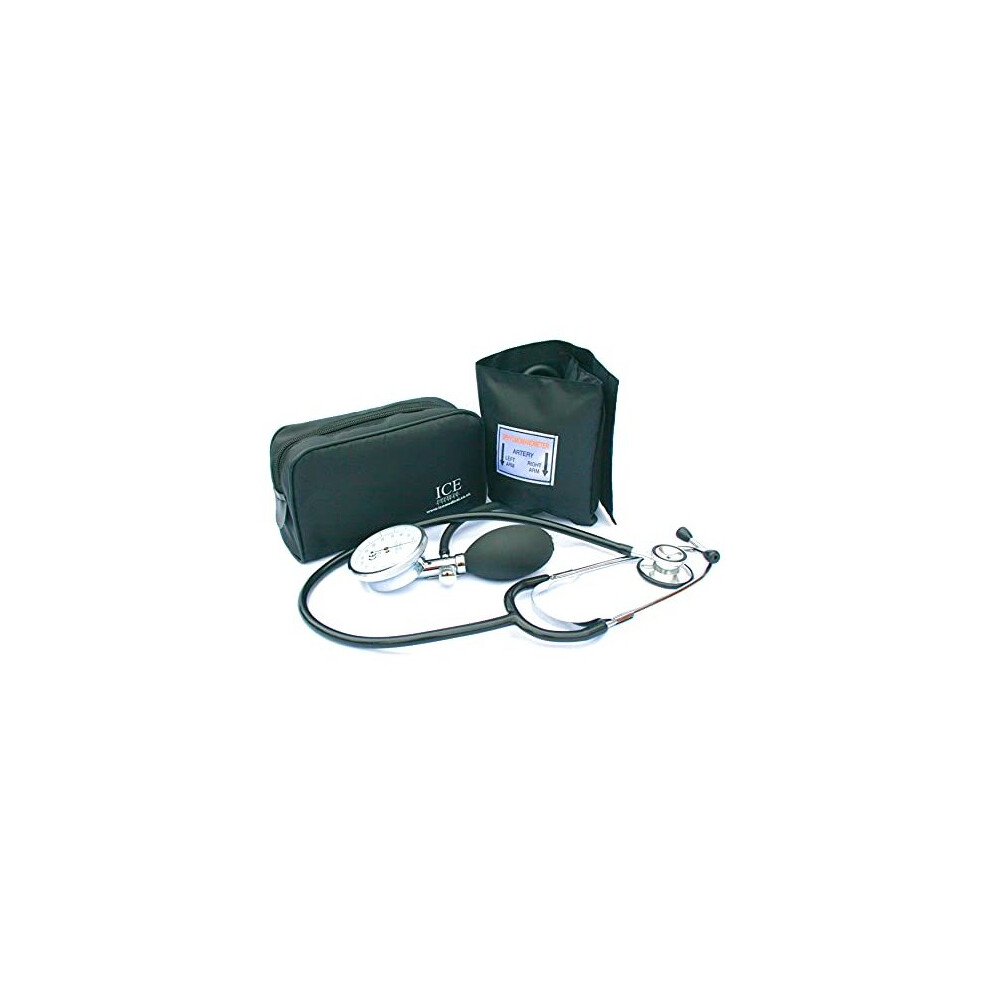 Ice Medical Black Aneroid Sphygmomanometer - With 1 Adult Cuff And Stethoscope - Blood Pressure Monitor Kit