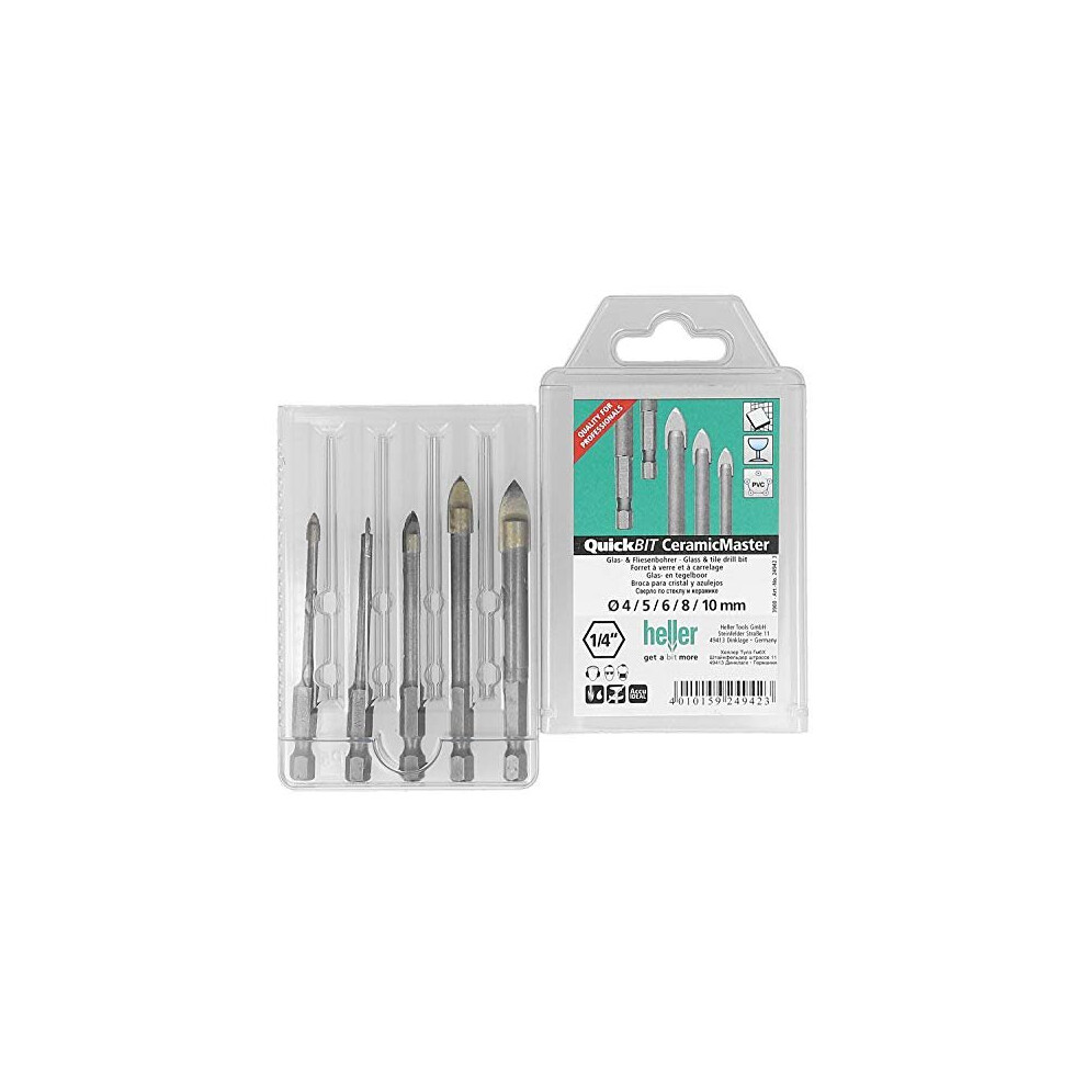 Heller Tools 3900 Glass & Tile Drill Bits 1 V Silver Set 5 Pcs. Ã 4/5/6/8/10 4010159249423