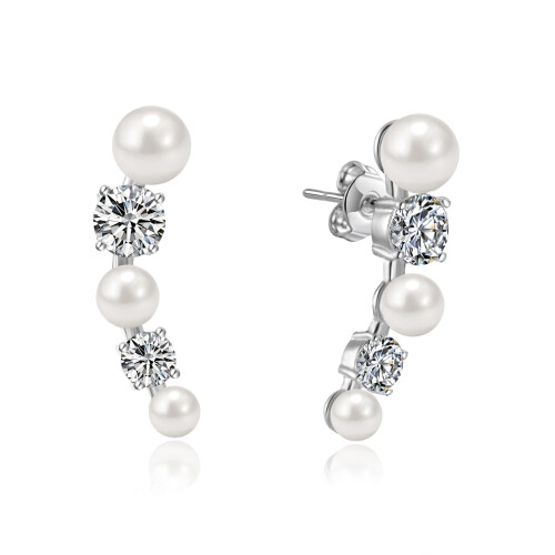 Philip Jones Jewellery White Pearl Climber Earrings Created with Swarovski Crystals