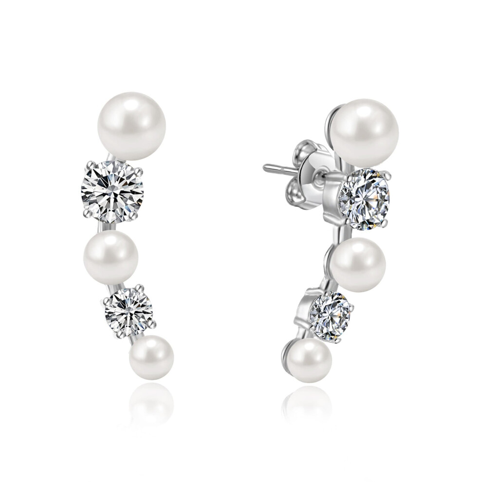 White Pearl Climber Earrings Created with Swarovski Crystals