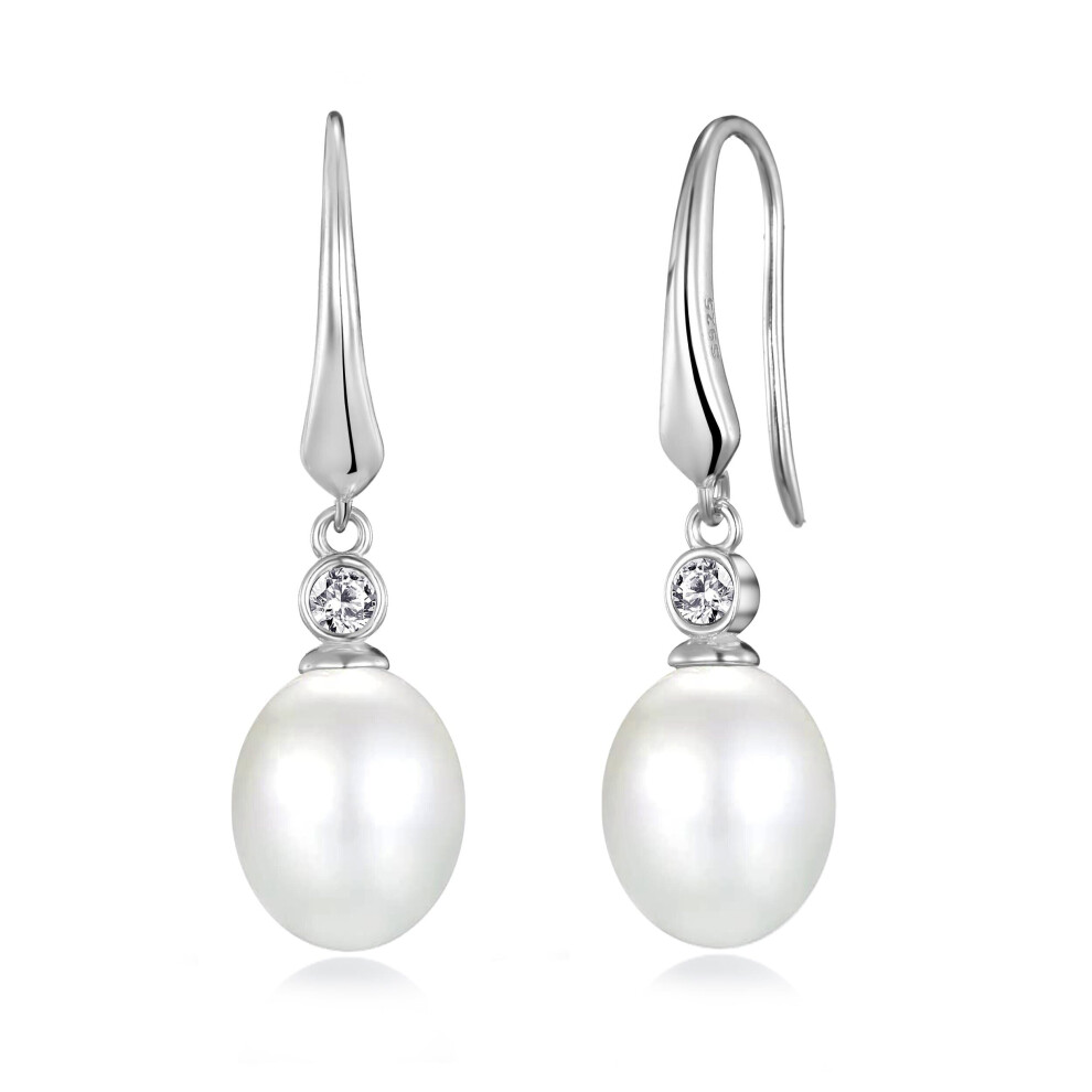 Sterling Silver White Pearl Drop Earrings Created with Swarovski Crystals