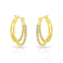 Gold Plated Double Hoop Earrings with Swarovski Crystals - Hypoallergenic Hinged 22mm x 19mm