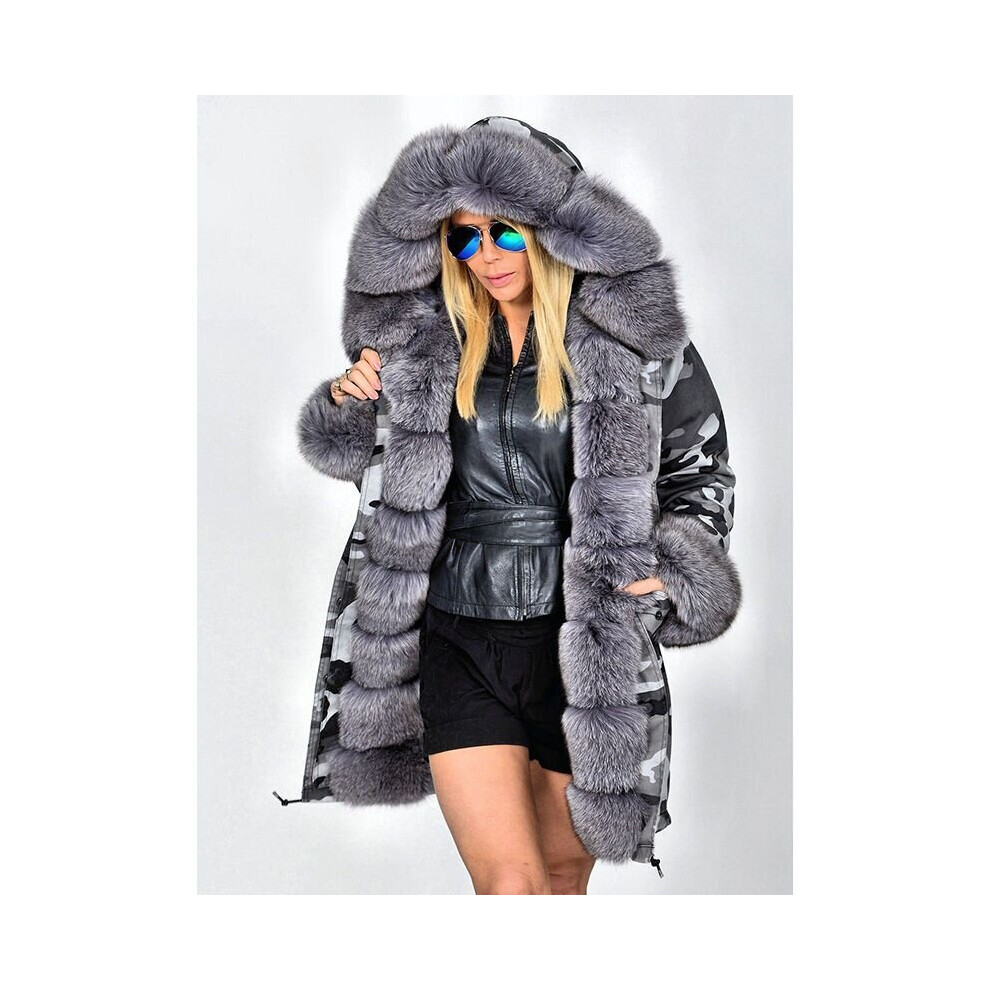 (Camouflage Gray+Gray Fur, XL) Women Ladies Winter Long Warm Thick Parka Faux Fur Jacket Hooded Coat S-5XL