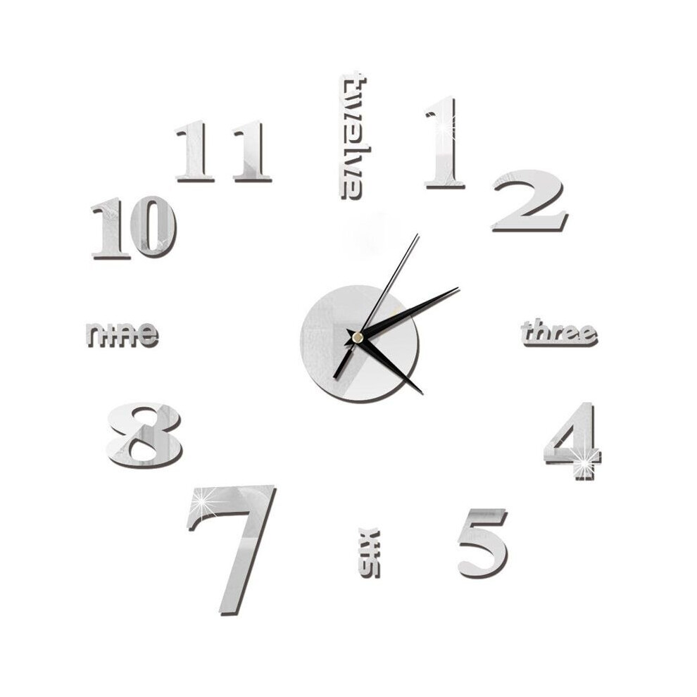 (Silver) DIY Analog 3D Mirror Surface Number Wall Clock Sticker Modern Home Decor