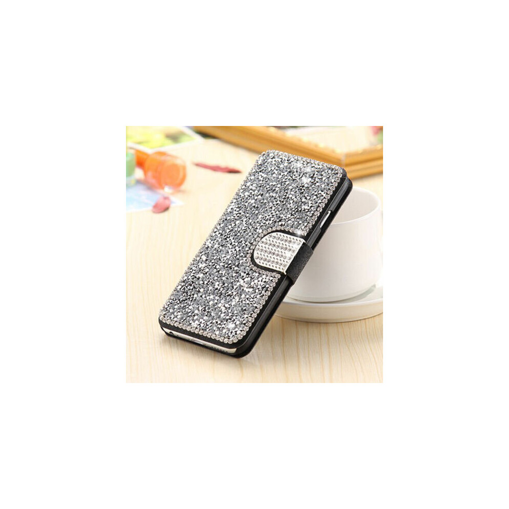 (SILVER, FOR IPHONE 7 PLUS) Bling Rhinestone Diamond PU Leather Flip Wallet Case Cover For iPhone 6s 7 Plus