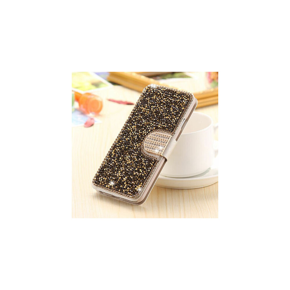 (GOLD, FOR IPHONE 6/6S) Bling Rhinestone Diamond PU Leather Flip Wallet Case Cover For iPhone 6s 7 Plus