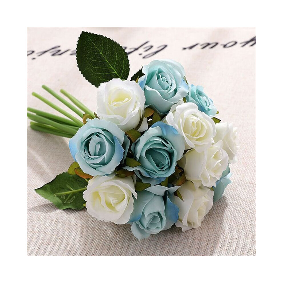 (White and Blue) 12Head Artificial Flowers Rose Silk Fake Floral Bridal Wedding Bouquet Party