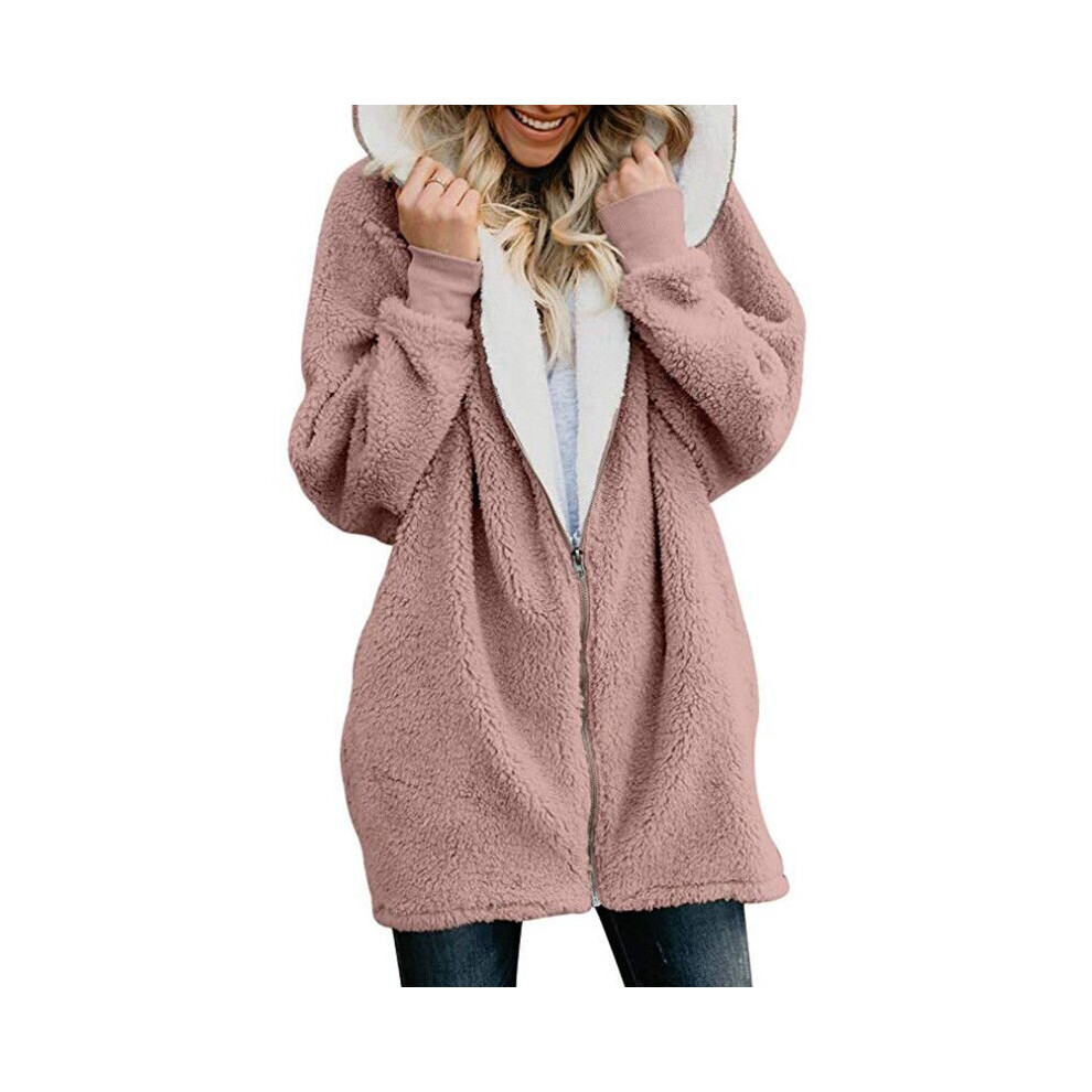 (Pink, XL) Women Ladies Warm Teddy Bear Fluffy Coat Hooded Faux Fleece Jacket Outwear