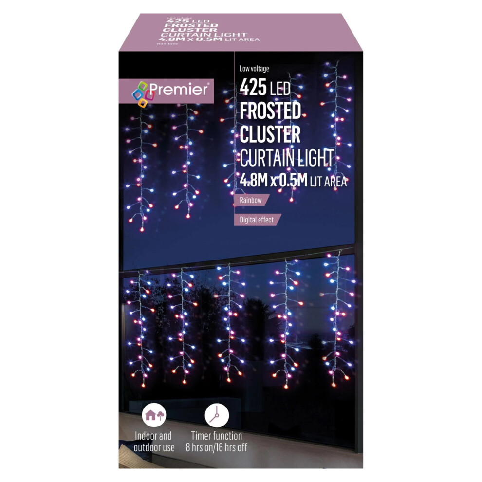 Indoor & Outdoor Rainbow Cluster 425 LED Timer Curtain Christmas Lights 4.8M