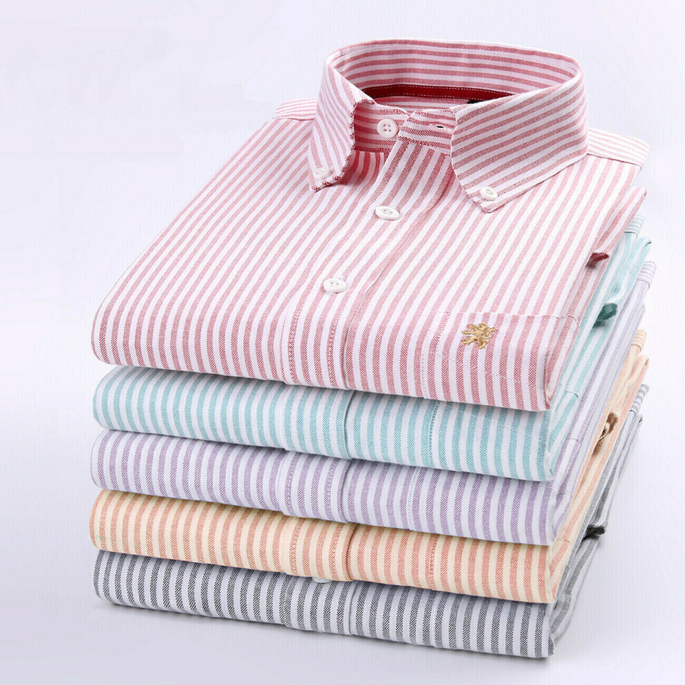 (Sand, L) Long Sleeve Mens Stripe Oxford Shirt - Button Down Collar & Pocket - The Kensington - Business Formal Dress Office Attire