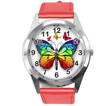 TAPORT RED Leather Round Watch for Butterfly Fans E2