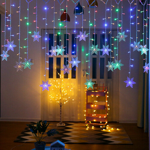 (UK-Plug, Colorful) Christmas Curtain Fairy String Lights Snowflake LED Window Home Decor Xmas Party