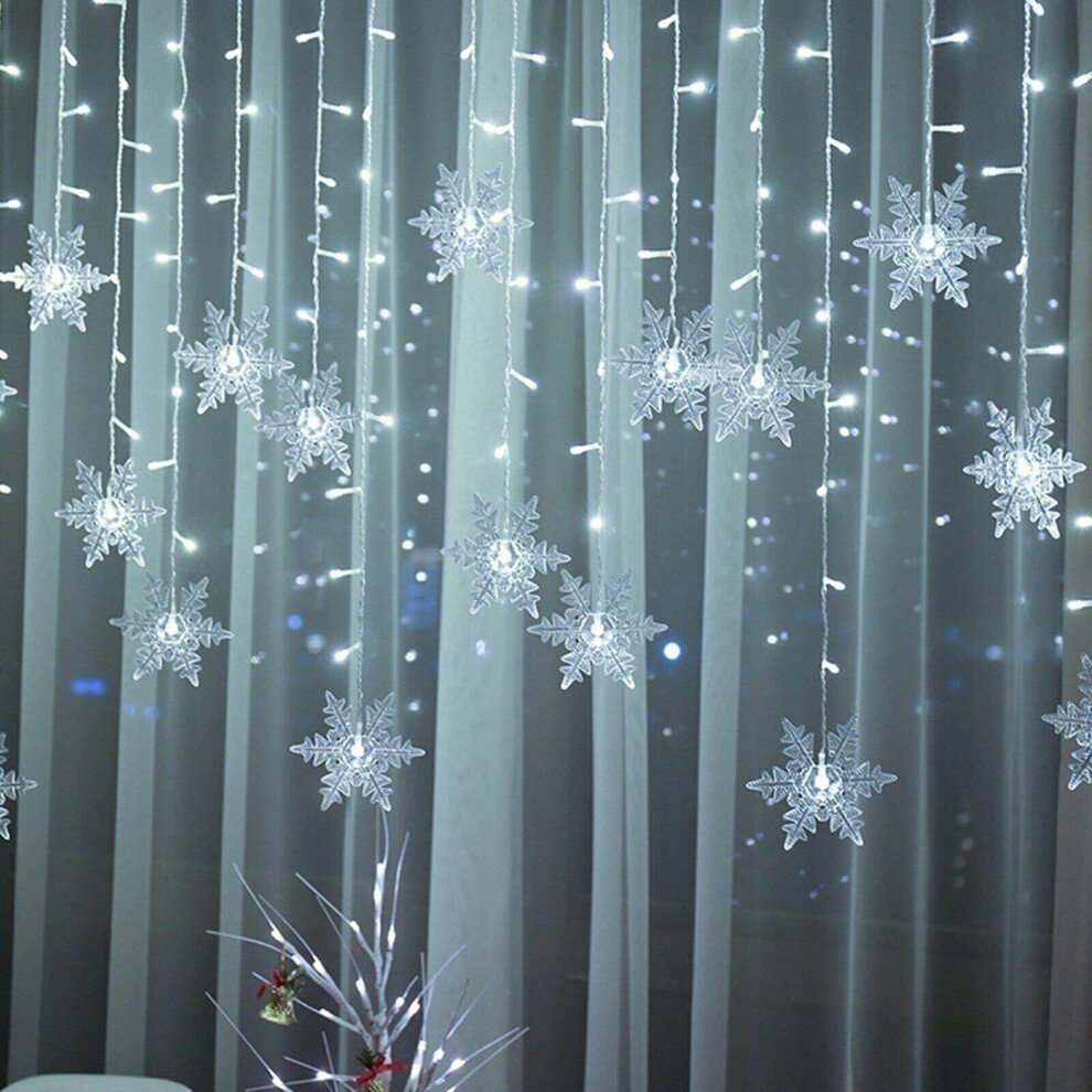 (UK-Plug, Cool White) Christmas Curtain Fairy String Lights Snowflake LED Window Home Decor Xmas Party