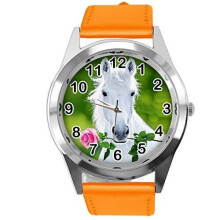 Orange Leather Round Watch for Beautiful Horse Fans E3