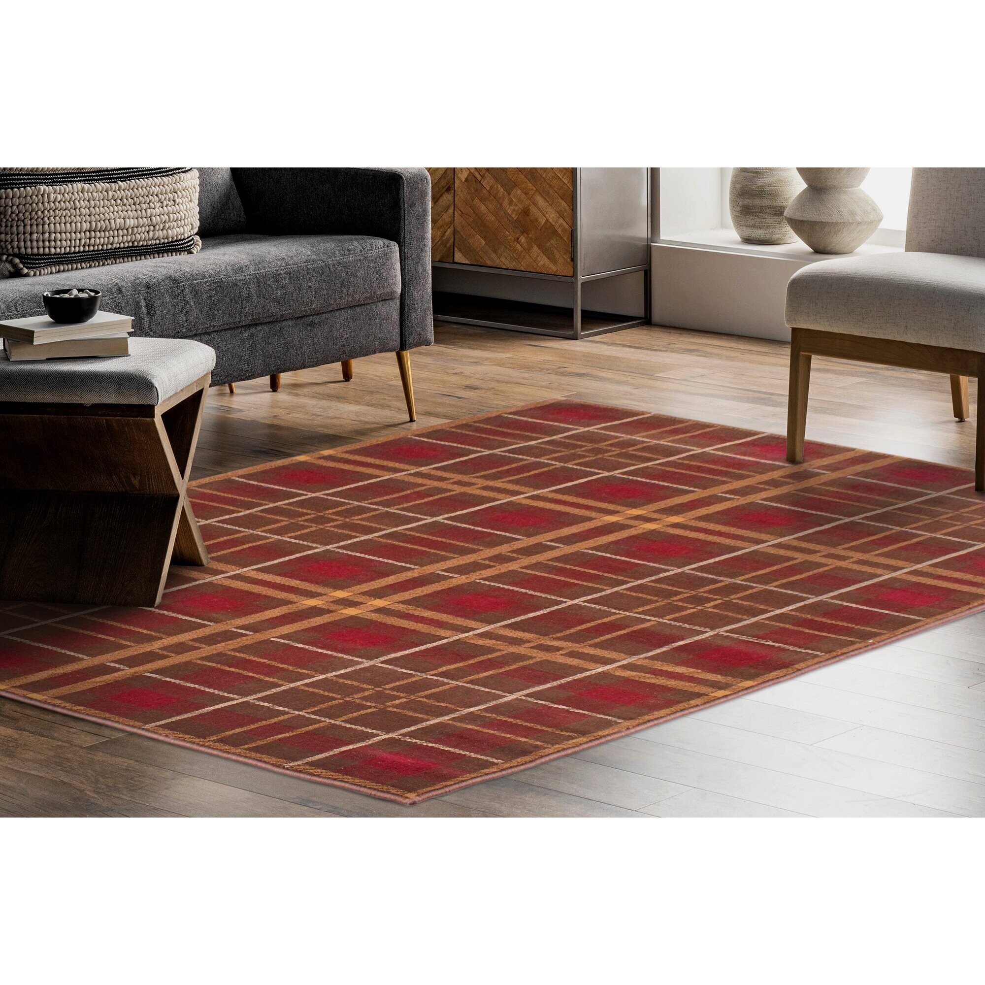 (Brown, 160x225 cm (5'3''x7'4'')) Tartan Check Pattern Rug Hallway ...