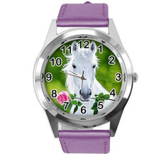 Purple Leather Round Watch for Beautiful Horse Fans E3