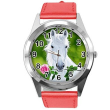 RED Leather Round Watch for Beautiful Horse Fans E3