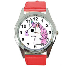 DREAMWATCH Womens Watch Analogue Quartz with Real Leather Band RED Round Unicorn E3
