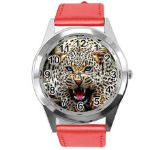 RED Leather Round Watch for Leopard Fans