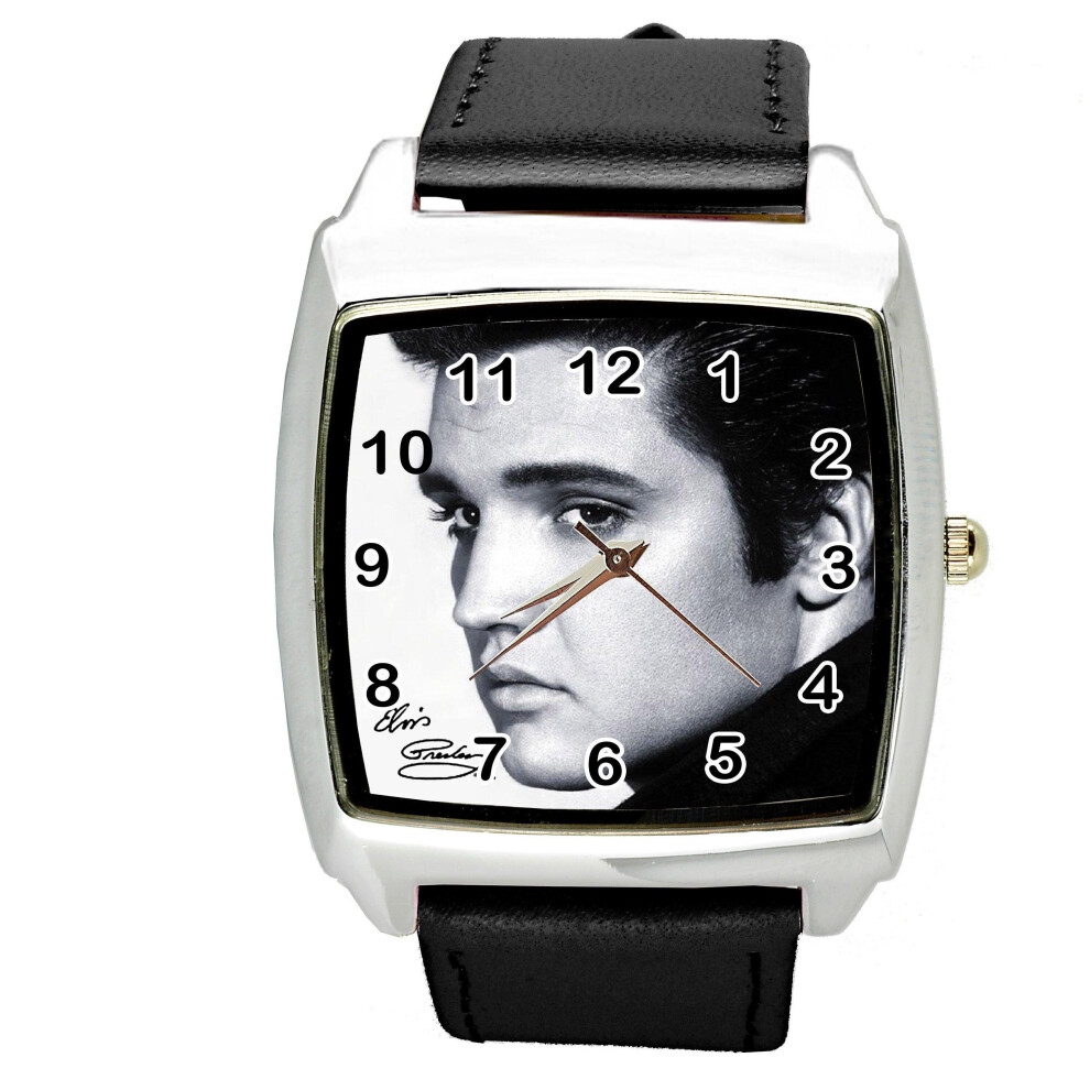 ELVIS E8 quartz square WATCH with real black leather strap