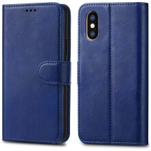 For Apple iPhone Xr (6.1) Elite Leather Flip Wallet cover *Blue*
