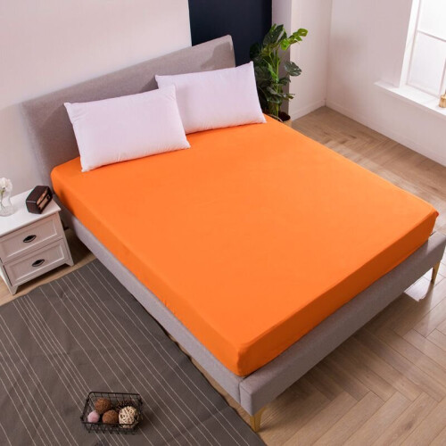 (Orange, 91x190x25cm) Fitted Sheet Solid Color Mattress Protective Cover Dustproof Anti-Skid Bed Case