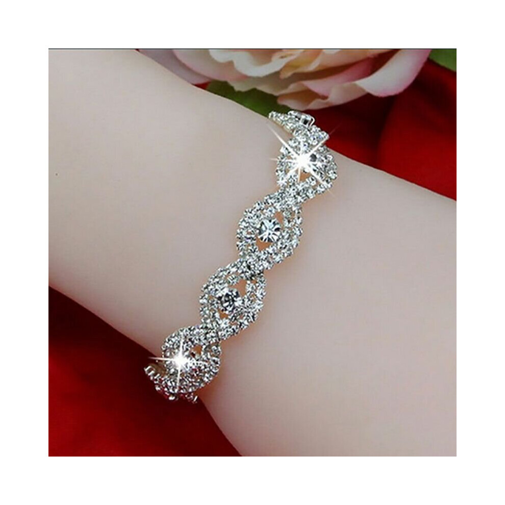 (Silver) Elegant Women Crystal Rhinestone Infinity Bangle Bracelet Deluxe Jewelry Gift