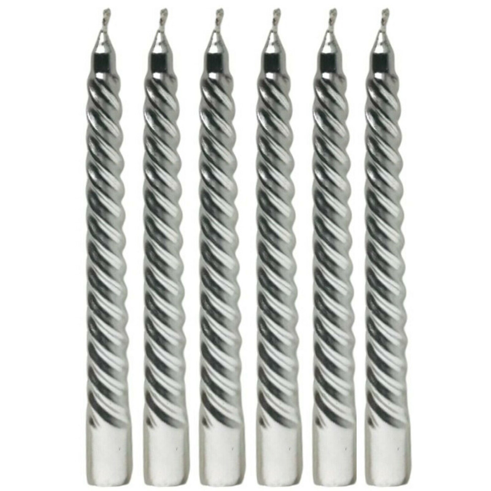 Set x 6 Taper Silver Candles 4.5 Hr Metallic Spiral Dinner Wax Christmas Candle