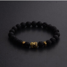 (Blackgold) Natural Gemstone Beads Buddha Head Beaded Men Womens Lava Rock Handmade Bracelet